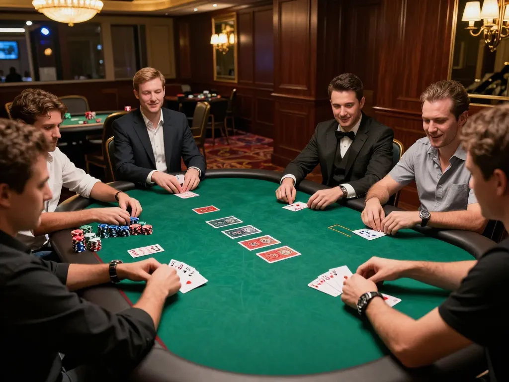 fun88 players engaging in a high-stakes poker game at a glamorous casino table with chips and cards