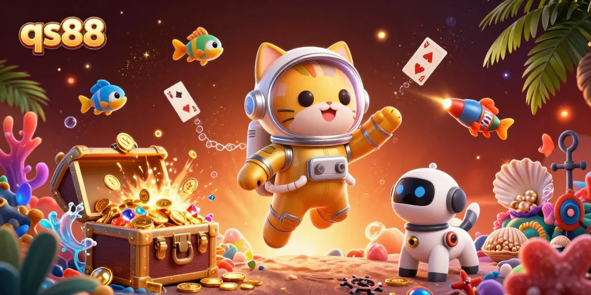 Experience thrilling action at qs88 with a space-themed casino environment featuring dynamic characters and vibrant treasures.