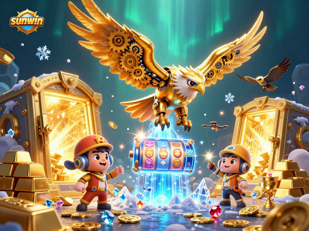 Experience winning slots at sunwin with a majestic golden eagle soaring through treasures
