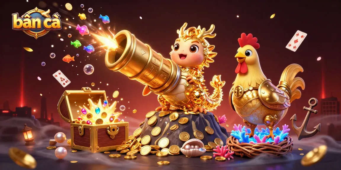 Engage in the exciting bắn cá game featuring a golden dragon, cannon, and treasure amidst glowing coral.