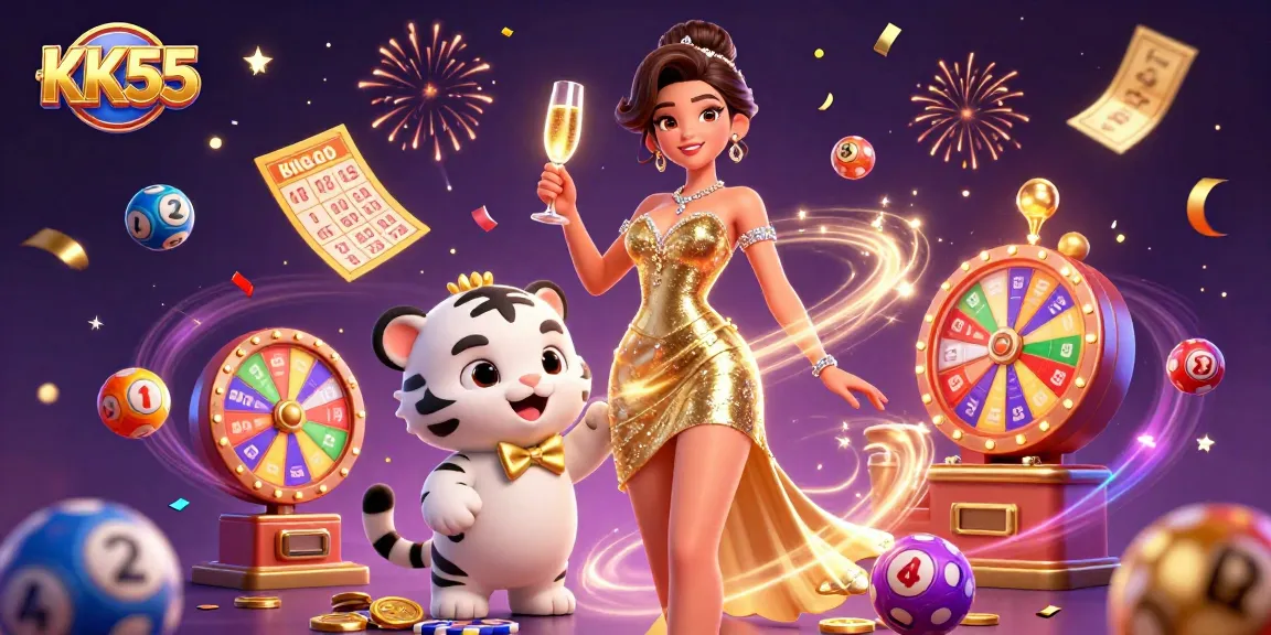 Engage with KK55's dynamic gambling world featuring a glamorous woman and a lucky tiger.