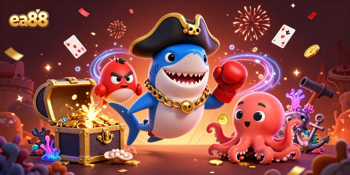 Experience thrilling casino action with ea88 as shark, pufferfish, and octopus play amidst treasure.