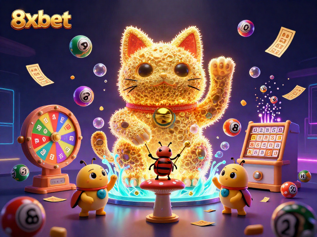 Experience the dynamic excitement of 8xbet with vibrant casino symbols and a lucky cat theme in this captivating illustration.