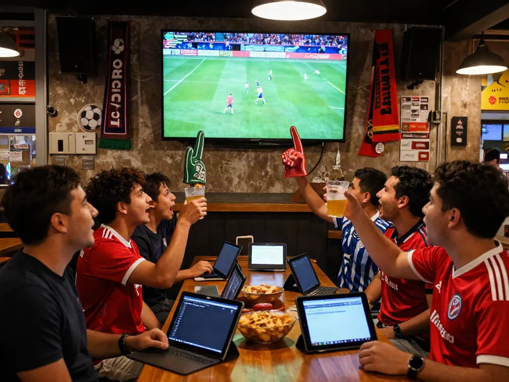 Football fans enjoying a match at a lively sports bar, with live updates from cakhiatvvn.jpn.com.