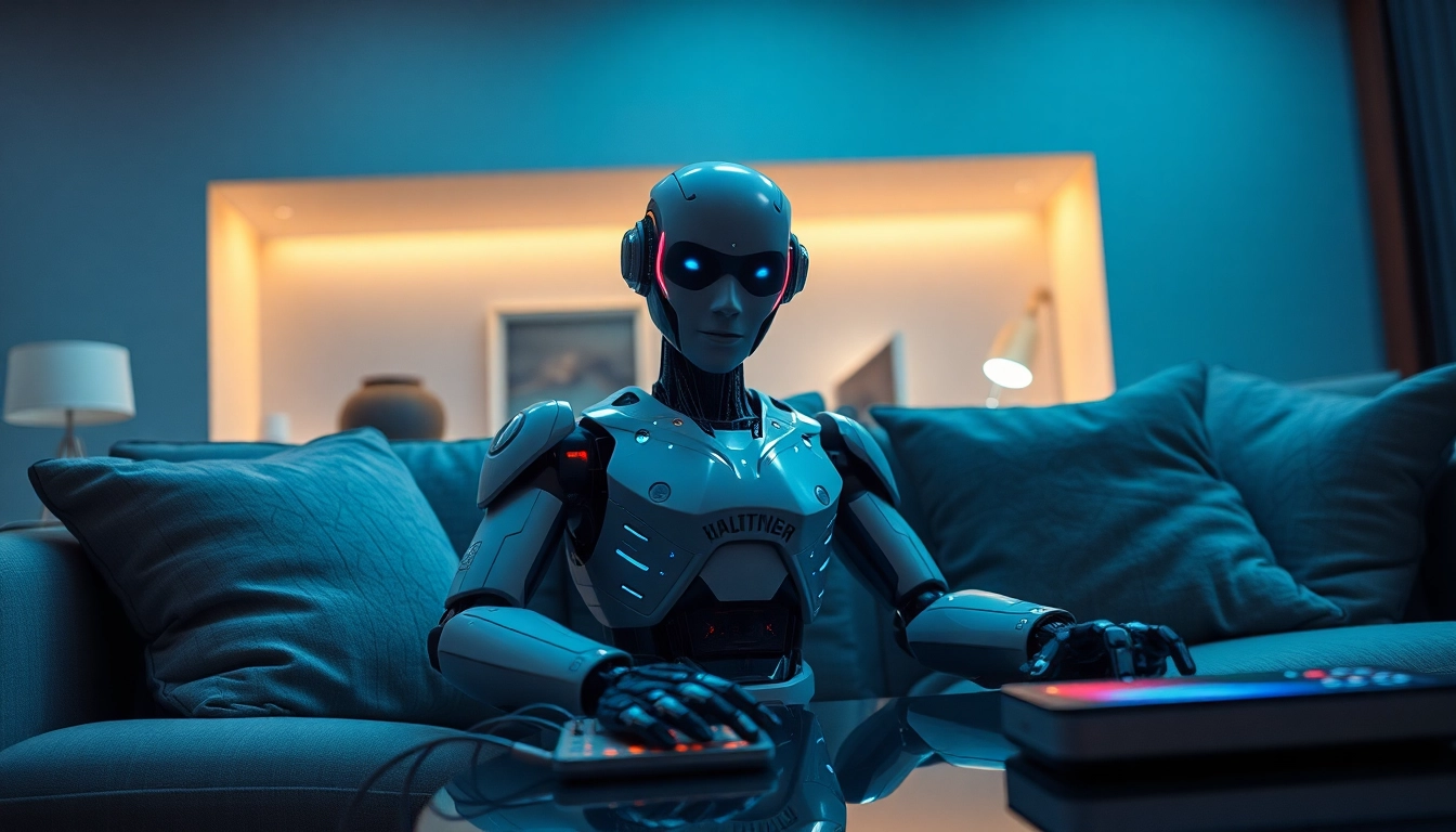 A lifelike sex bot featured in a modern living room, showcasing advanced AI technology and intimate ambiance.