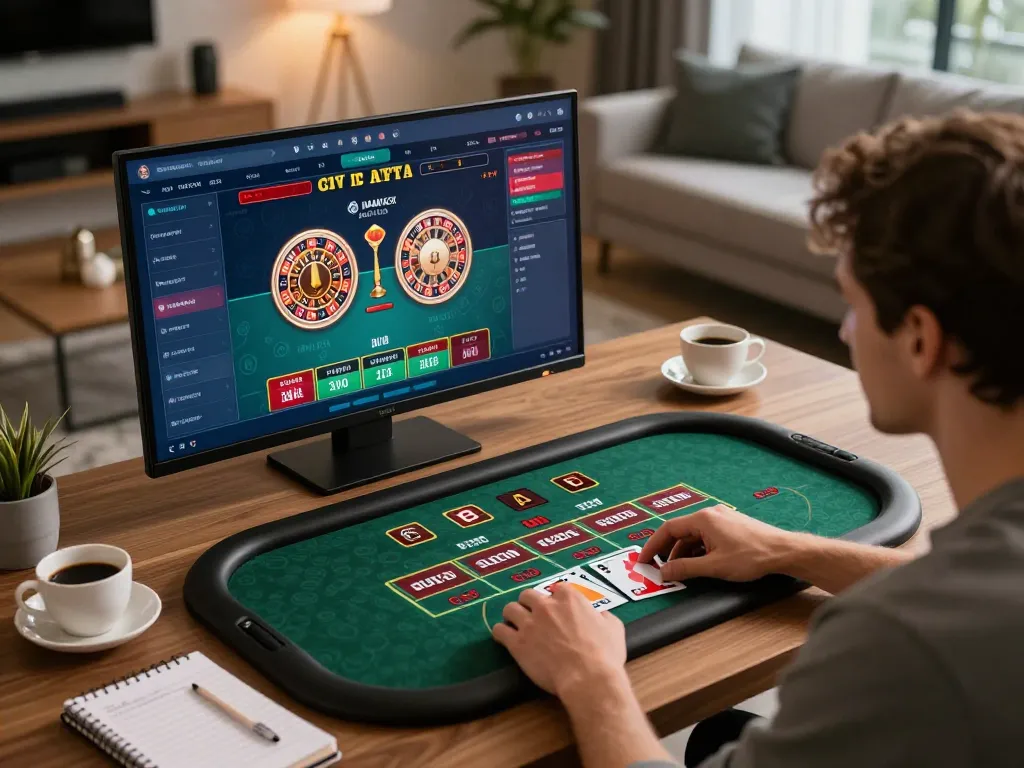 Engaging with yo88 live dealers on a tablet in a cozy home setting, showcasing online gaming excitement.