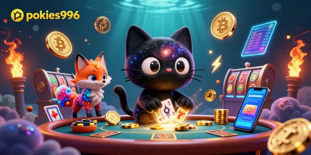 Engage with pokies996 at a vibrant cosmic casino featuring animated characters and dynamic gaming elements.