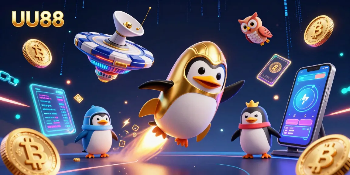 Engage with the exciting UU88 experience featuring a golden penguin and cosmic casino elements.