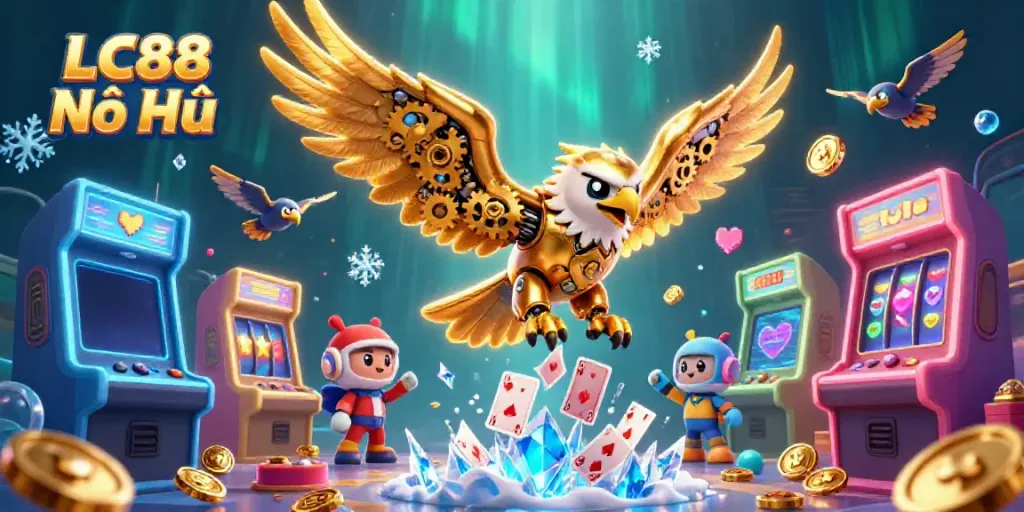 LC88 Nổ Hũ showcases gorgeous slots features with an eagle diving through holographic cards and colorful game elements.