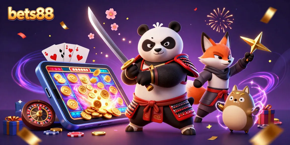 Bets88 offers dynamic gaming with a samurai panda, ninja fox, and tanuki amid colorful casino elements.