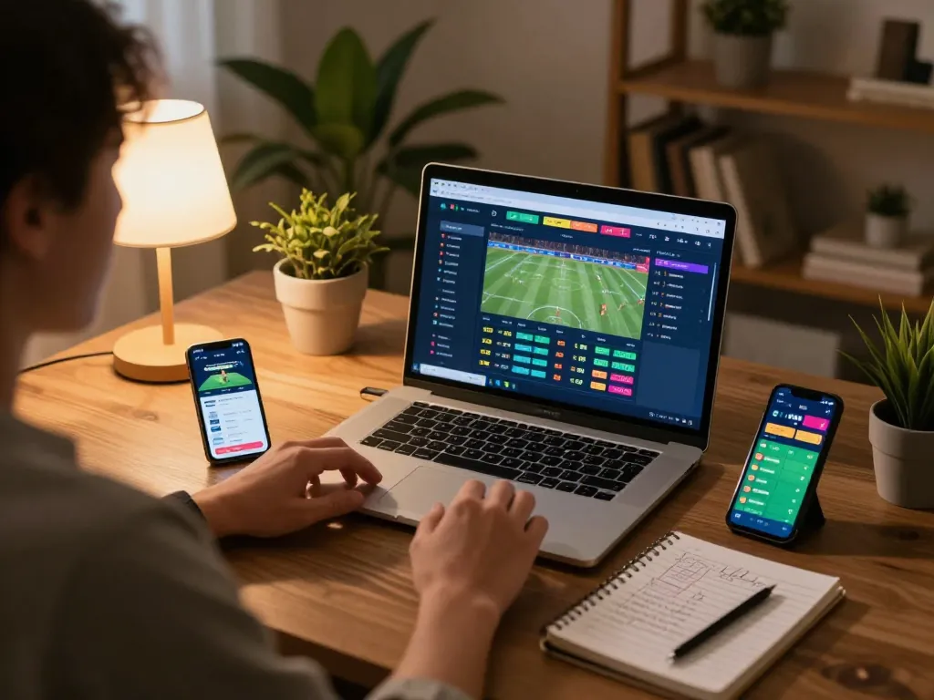 Engaging in online sports betting at Vmax trang chủ with multiple screens and cozy atmosphere.