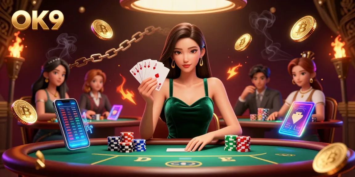 Experience winning strategies at OK9 with a stunning Asian player at a luxury poker table.
