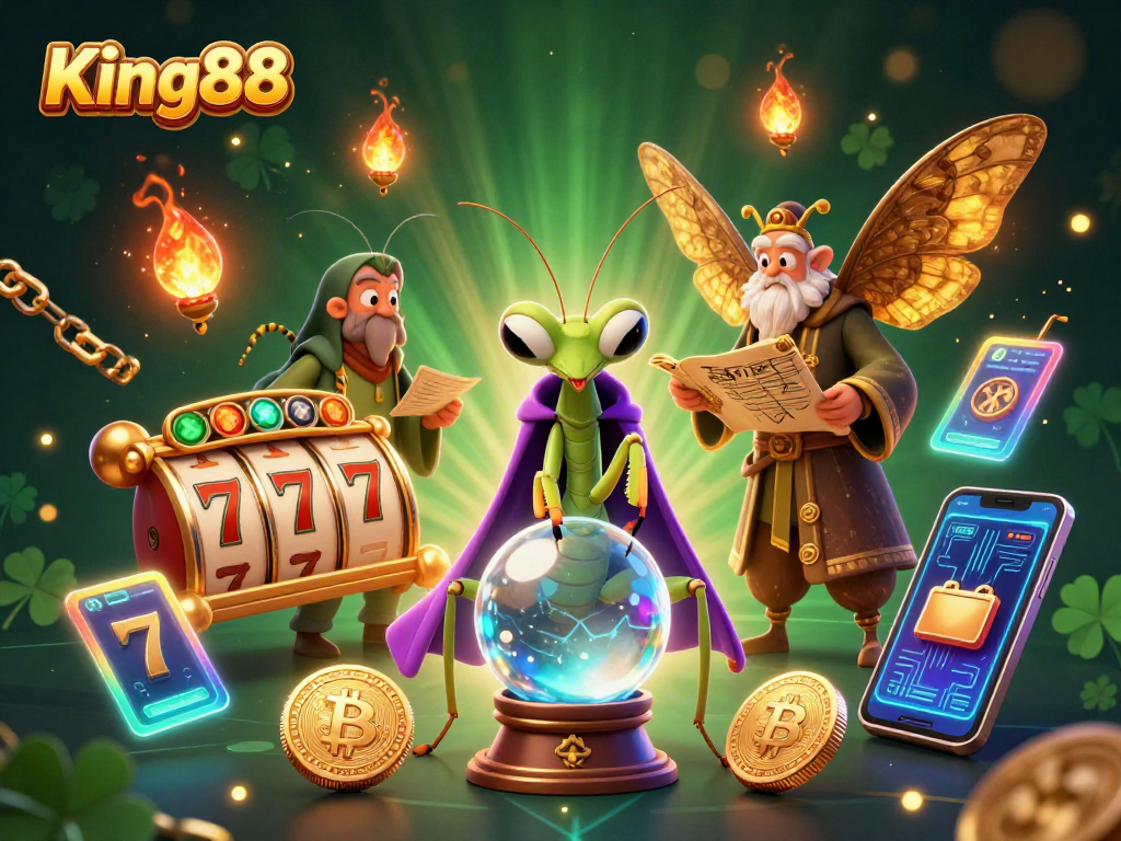 Experience thrilling gameplay at King88 with vibrant slot machines and mystical characters.