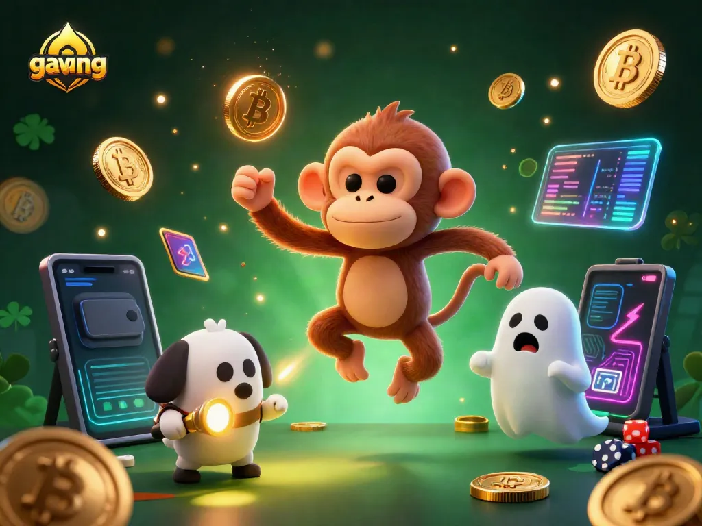 The gavang scene depicts a playful ghostly monkey juggling golden casino items while a curious puppy tracks it in a haunted setting.