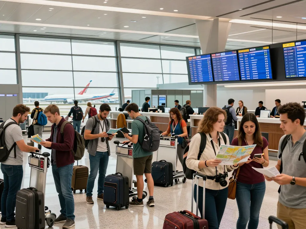 Dynamic airport scene with travelers and Fly88 flights for an exciting journey.