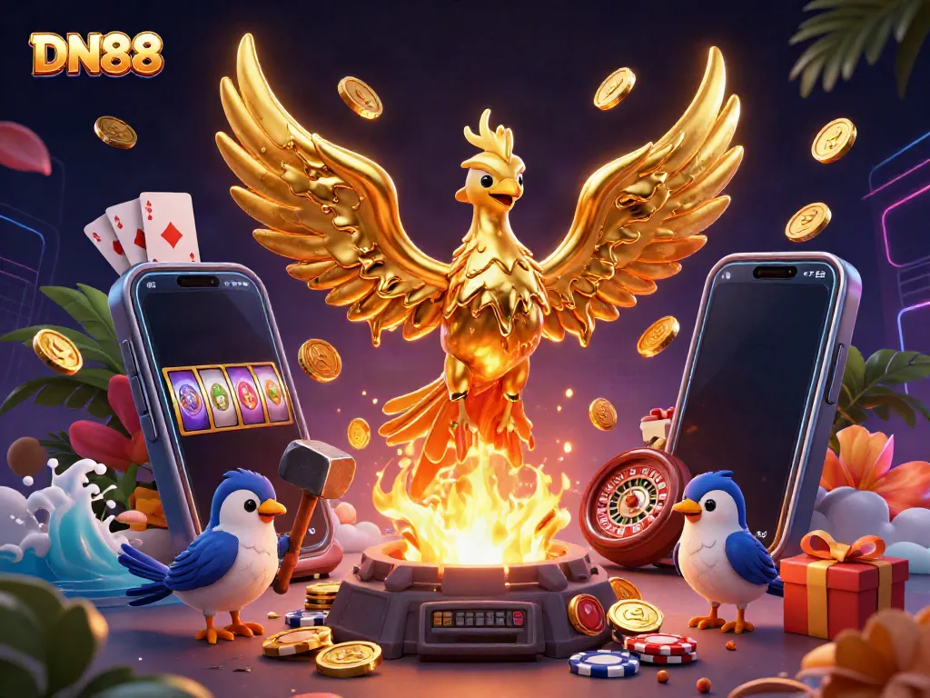 Experience the allure of DN88 with a golden phoenix and casino elements in vibrant, dynamic illustration.