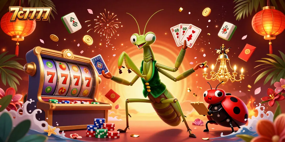 7c7777 showcases a dynamic casino scene with a giant praying mantis dealer and vibrant slot elements.