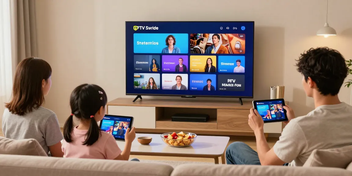 Familj som njuter av IPTV Sverige på en smart TV med flera enheter i ett mysigt vardagsrum.