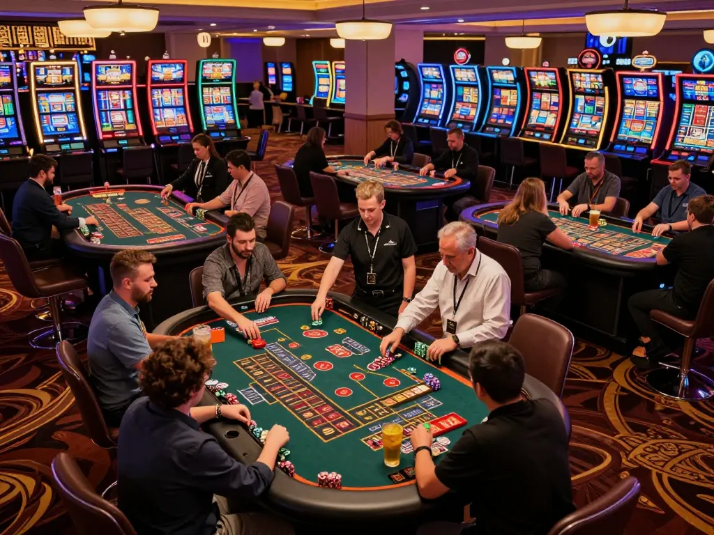 Players engaging with roulette tables at the 8XX casino, vibrant atmosphere of excitement and strategy in action.