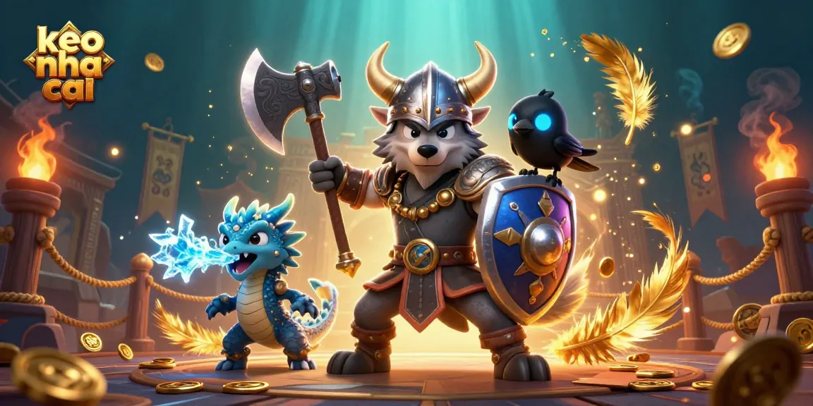 Engage with keo nha cai through a thrilling battle scene featuring a Viking, dragon, and raven amid dynamic casino elements.