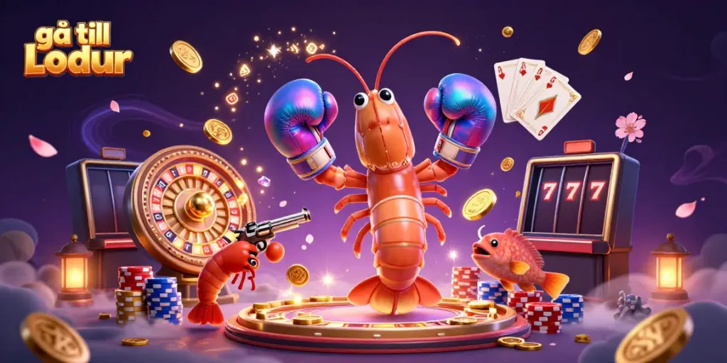 Gå till Lodur med en mantis räka i boxningshandskar som trycker ut gnistrande mynt och juveler.