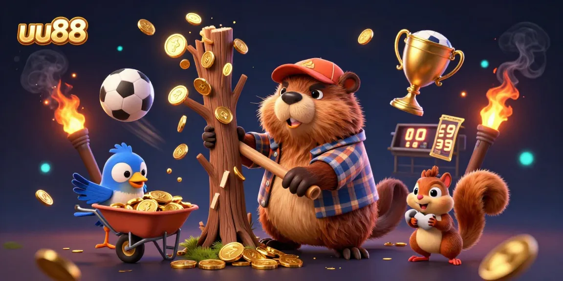 uu88 betting excitement illustrated as a beaver rains golden coins while engaging in thrilling sports activities.