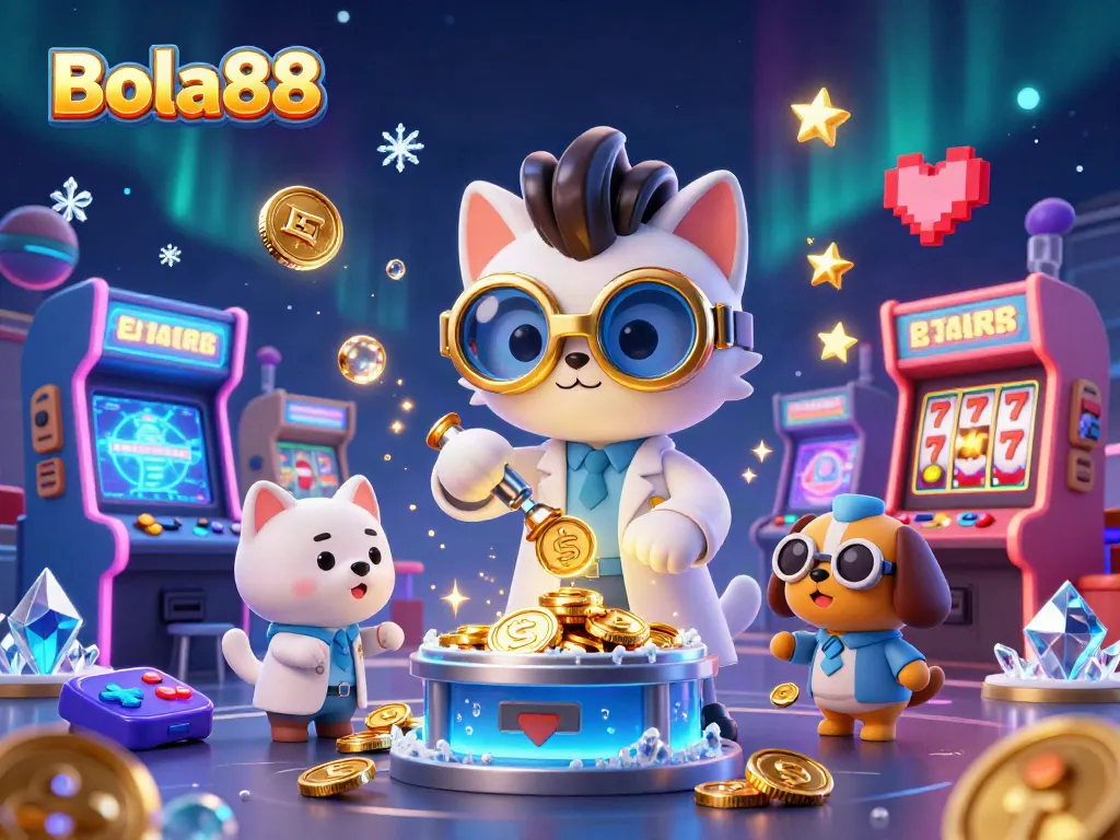 Bola88 casino scene with a mad scientist cat and assistant dog producing gold coins in a vibrant gaming lab.