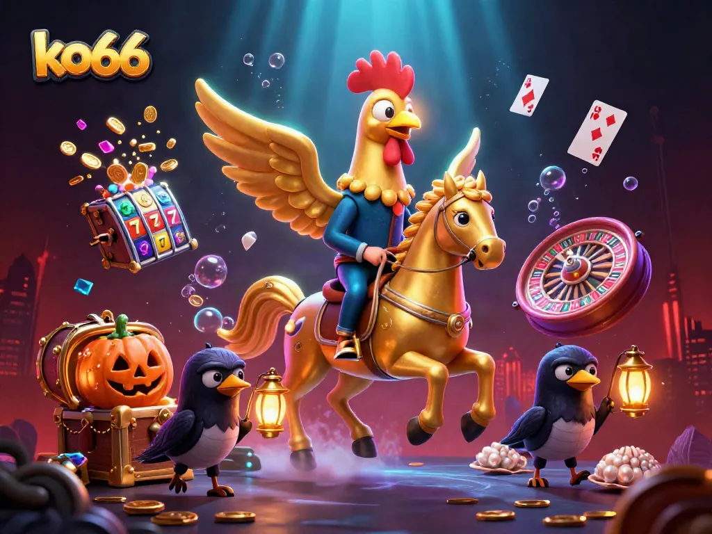 Experience the vibrant excitement of ko66 with an illustration of a golden rooster headless horseman in a casino environment.