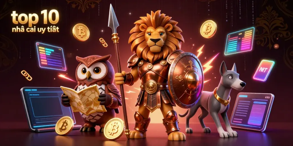 Join the excitement of top 10 nhà cái uy tín with energetic characters in a vibrant illustration.