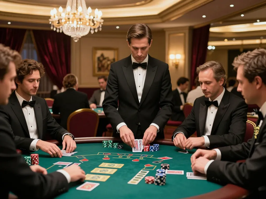 G28 players engaging in an intense baccarat game at an upscale casino table, dealer shuffling cards amidst warm lighting