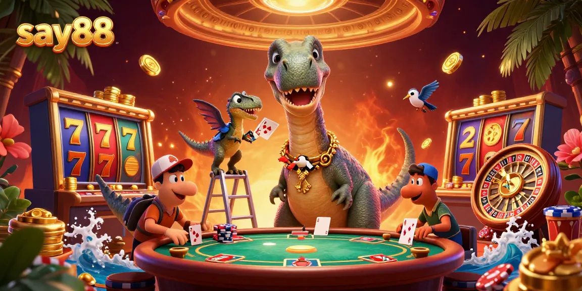 Engage with say88's thrilling 3D casino scene featuring vibrant slot and poker elements.