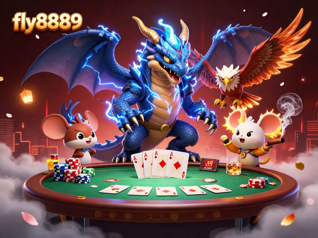 Experience the thrilling action of fly8889 with a vibrant casino scene featuring dynamic characters and poker elements.