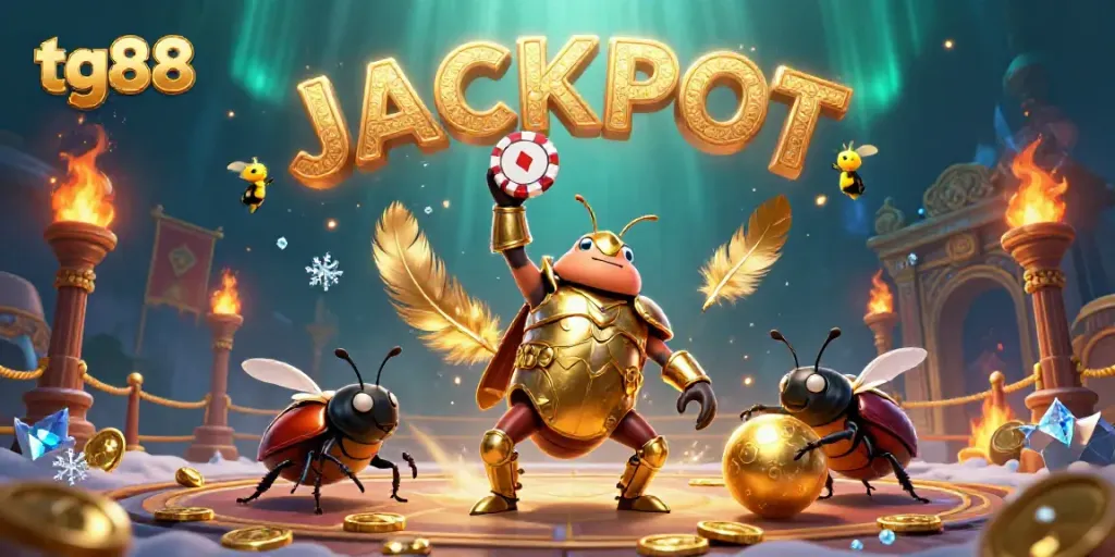 Experience winning moments with tg88 as a beetle hero lifts chips in a vibrant casino scene.
