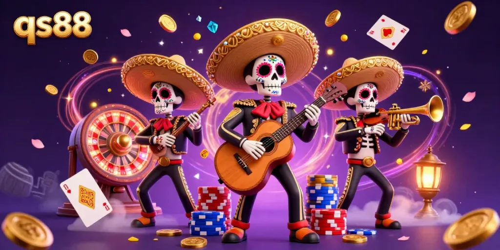 Experience the excitement of qs88 with a vibrant mariachi band amid casino elements and golden coins.