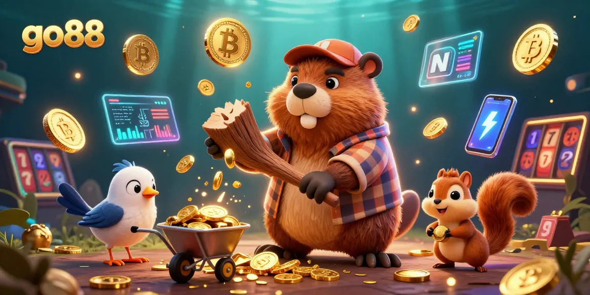 Go88 casino scene with whimsical characters collecting coins in a vibrant, colorful illustration.