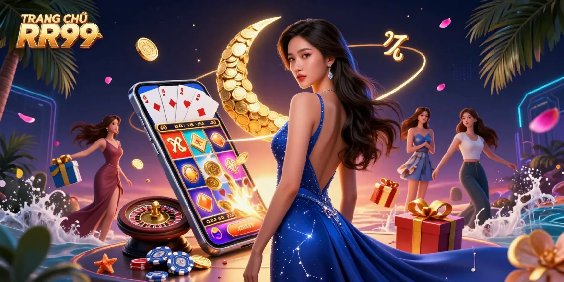 Engaging 3D illustration of TRANG CHỦ RR99, featuring an elegant Asian woman in a casino-themed setting filled with slot games and golden coins.