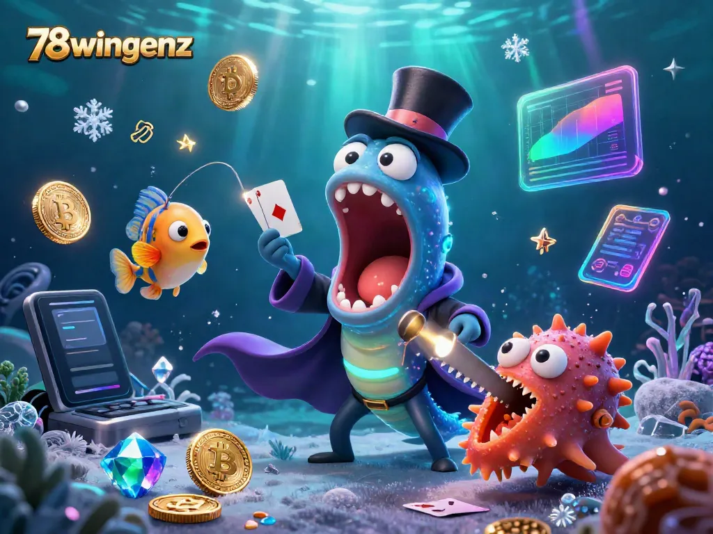 Engage with the magic of gambling at 78wingenz, featuring a fantastical scene of a gulper eel performing card tricks.