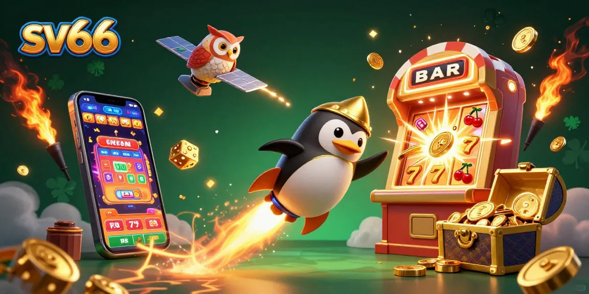 Experience sv66's vibrant online casino world with a dynamic 3D illustration showcasing a golden penguin and slot machines.