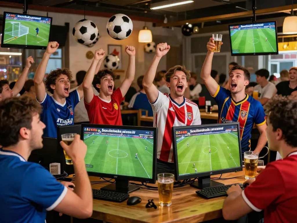 Football fans enjoying a live match at a sports bar, showcasing the community excitement of socolivekz.uk.