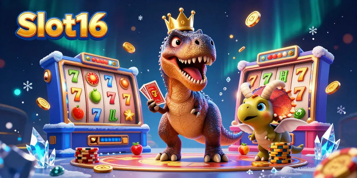 Engage in Slot16 with a colorful 3D T-Rex and friends playing slot machines in a vibrant casino.