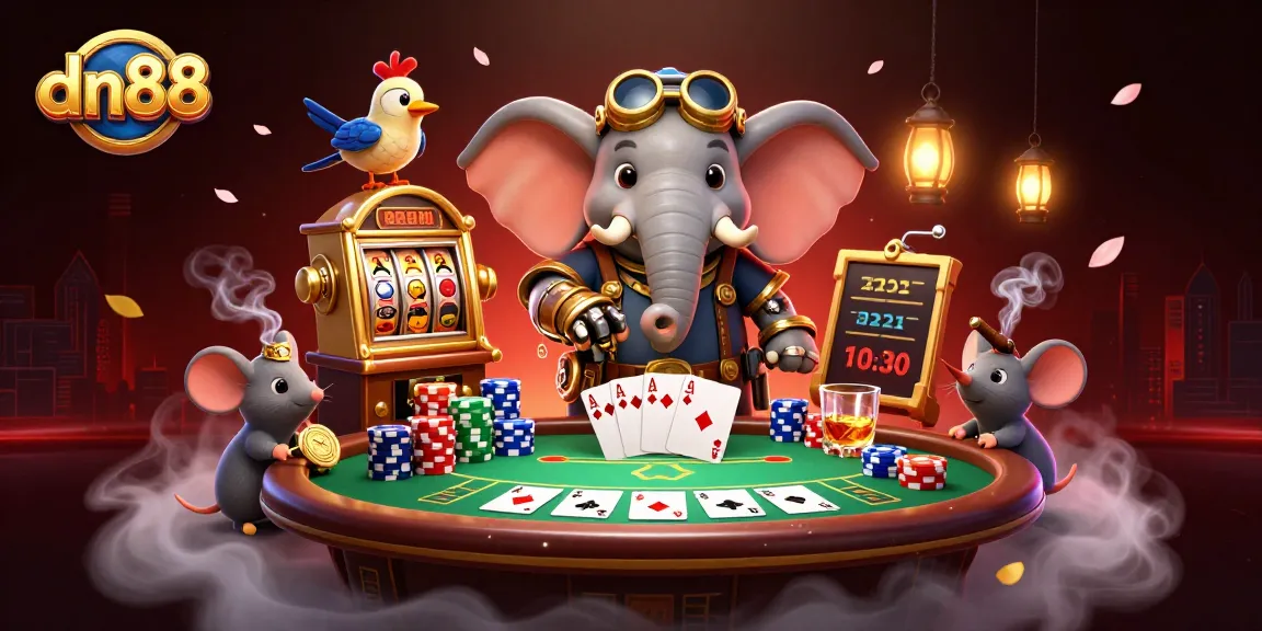 Engage with dn88's vibrant gaming scene featuring a steampunk elephant engineer and dynamic casino elements.
