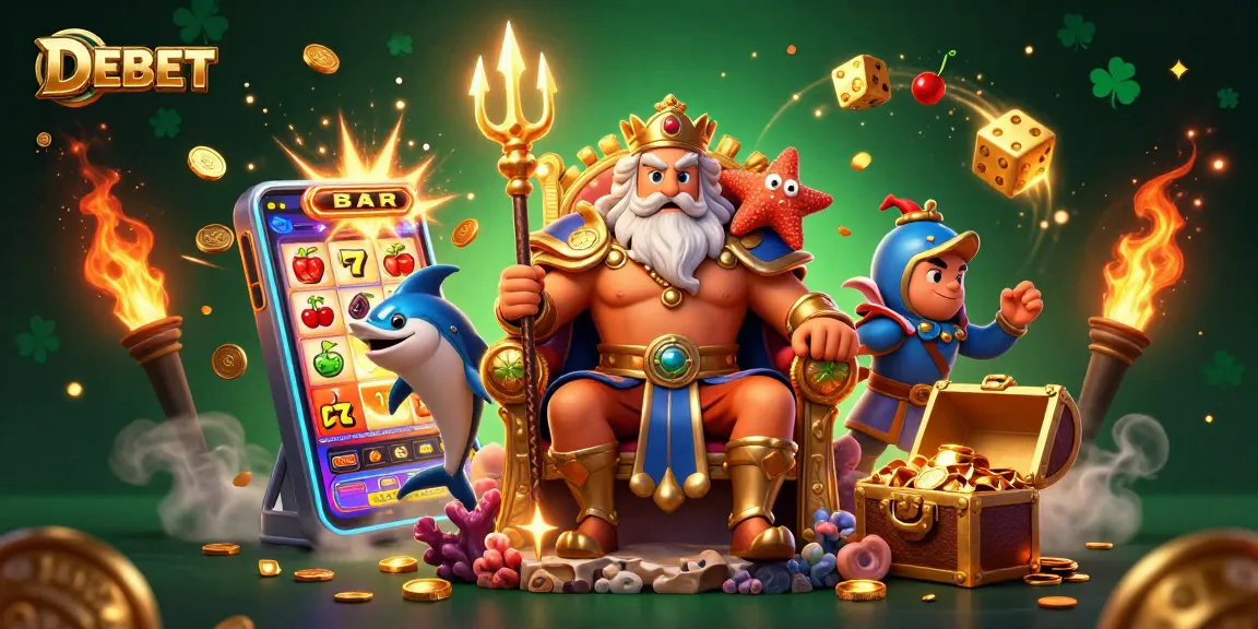 Experience thrilling DEBET moments with Neptune and friends in a vibrant 3D casino scene.
