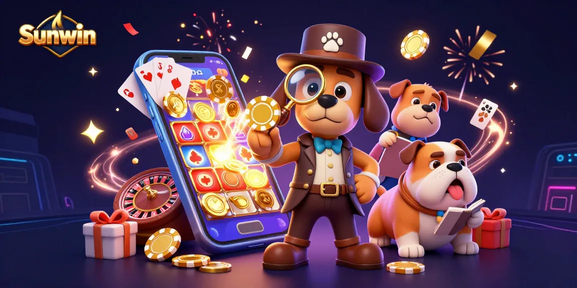 Sunwin's detective dog duo investigates golden poker chips in a vibrant casino scene.