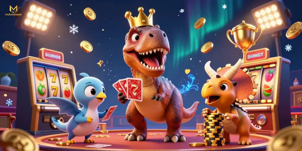 Engaging scene depicting muluwinapp's T-Rex character shuffling cards while a pterodactyl assists and a triceratops stacks golden chips in a dynamic casino atmosphere.