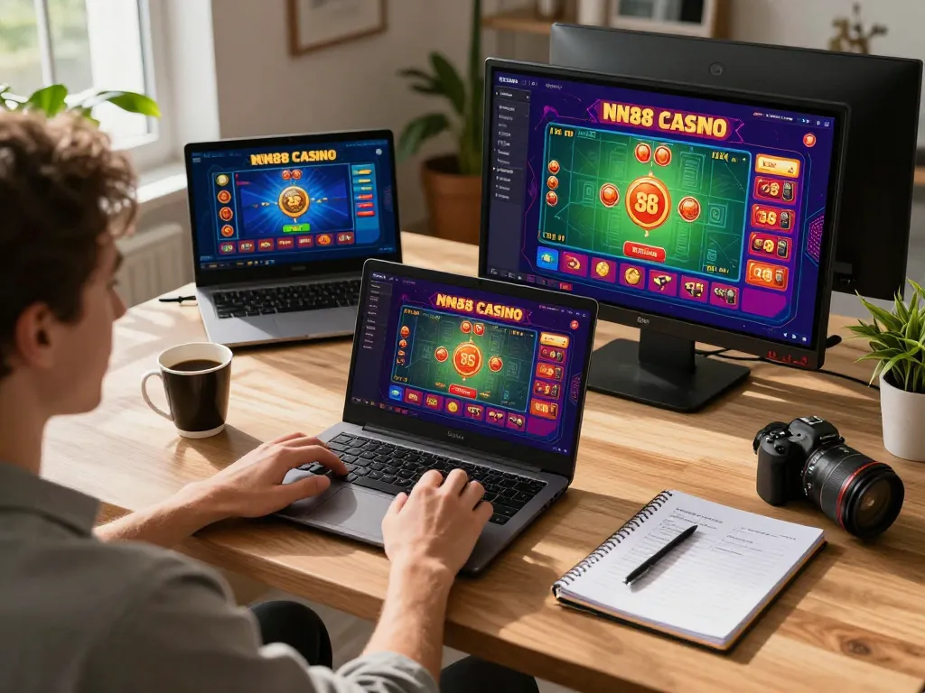 Engaged user playing NN88 Casino on a laptop with strategic notes in cozy gaming setup.