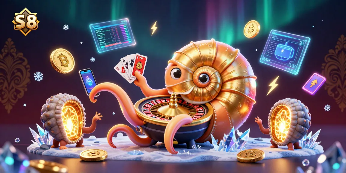 Engage with S 8's exciting gaming universe featuring a giant nautilus roulette and vibrant crypto elements.