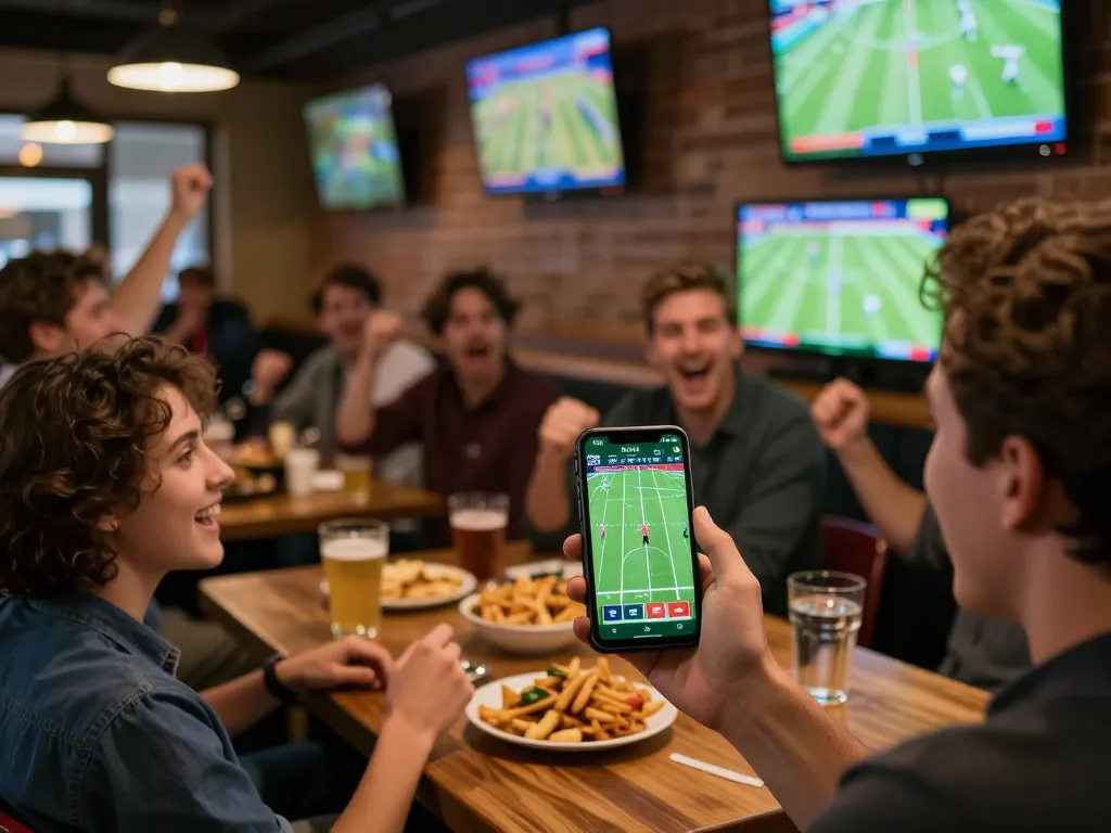 Engaging sports betting experience with trực tiếp bóng đá on mobile app in a lively bar setting.