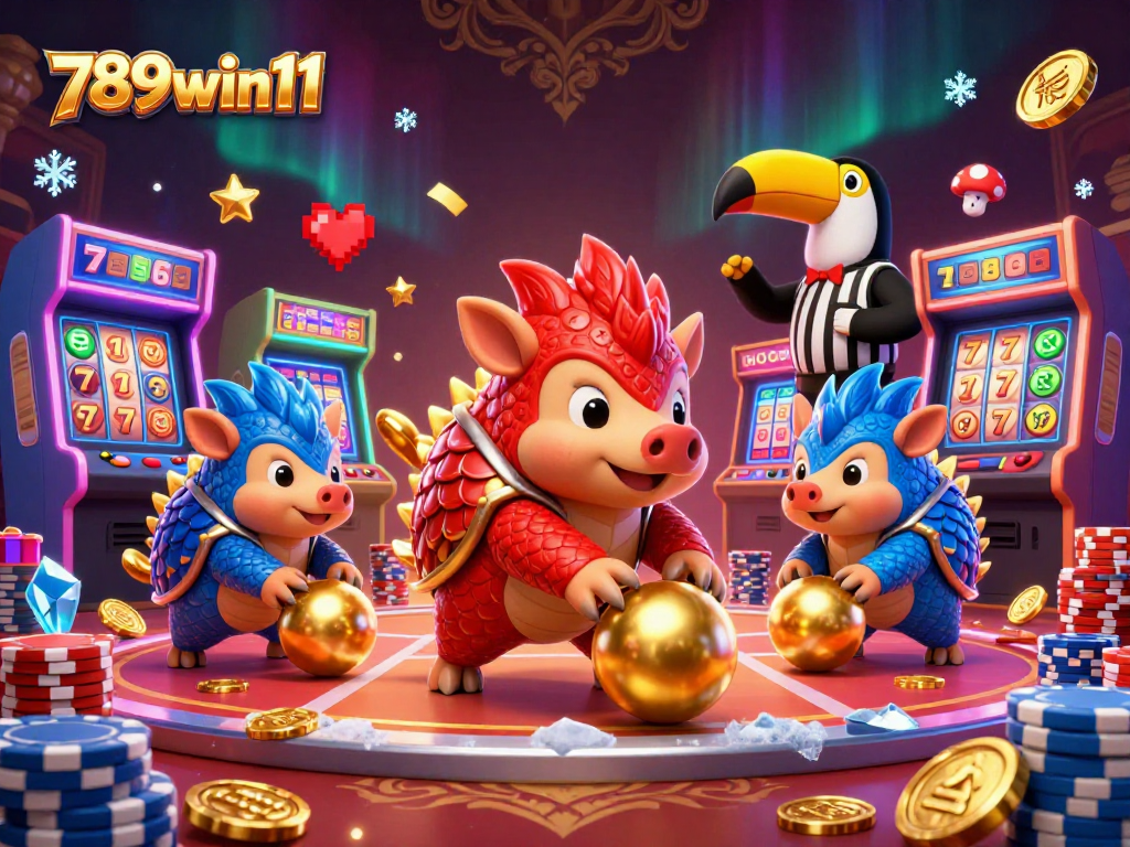 Experience thrilling gaming action with 789win11 as rival pangolins compete in a vibrant casino setting.
