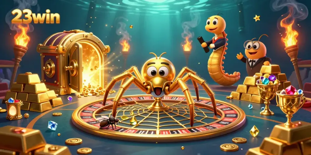 Experience thrilling bets at 23win with a roulette-themed scene featuring dynamic characters and dazzling treasures.