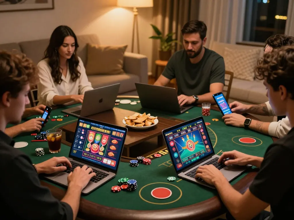 Gamers placing bets on Ga368 online casino platform with mobile devices and laptops